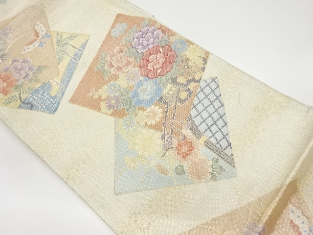 リサイクル　佐賀錦色紙に花車・蝶模様織出し袋帯